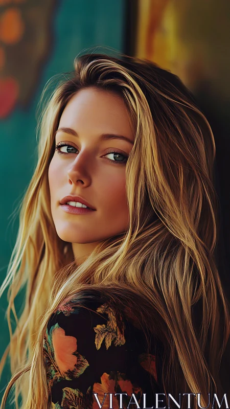 Sunlit muse with floral grace and luminous, wandering gaze.