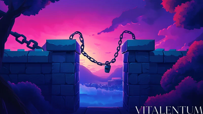 Digital painting of chained fortress gate at neon dusk.