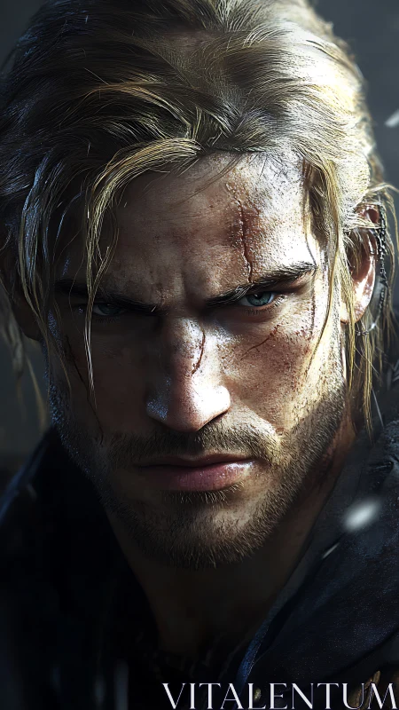Scarred blond warrior stares forward with intense focus