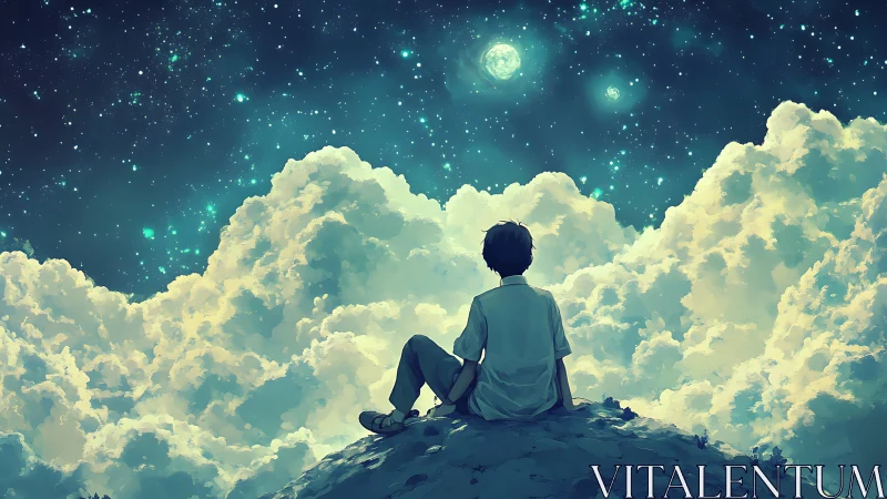 Boy on a clouded hill gazes into a luminous starry universe.