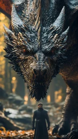 Armored dragon looming over cloaked rider in forest glare.