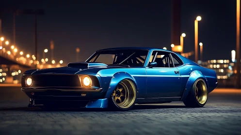 Midnight blue muscle car glowing under soft city lights.