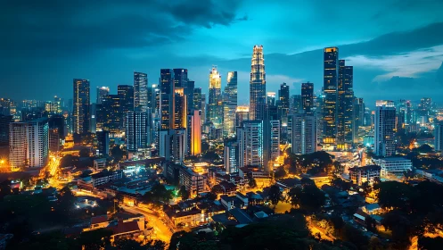 Luminous city skyline glows beneath a dramatic teal dusk