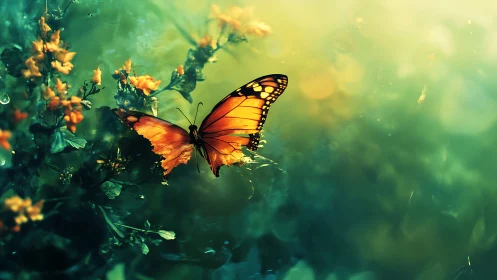 Monarch butterfly glows against dreamy teal bokeh garden.