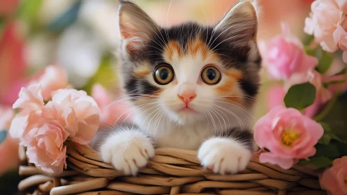 Calico Kitten in Flower Garden with Attentive Expression.