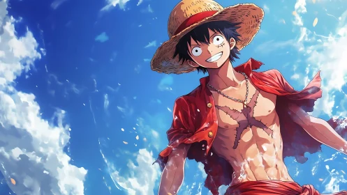 Straw hat anime character standing under clear blue sky.