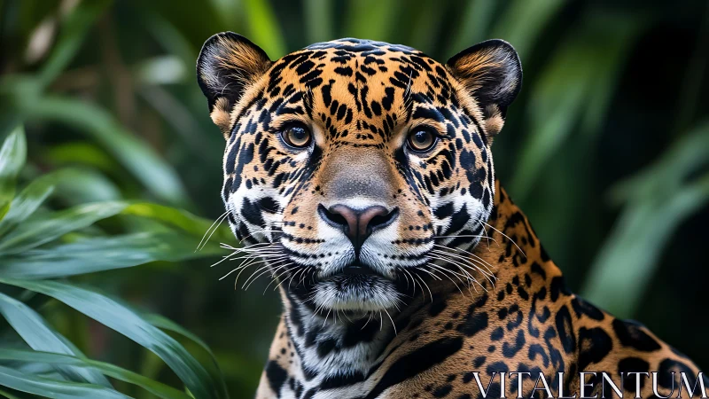 Calm jaguar gazing softly from lush green jungle shadows.