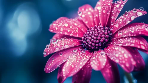 Vivid bloom glistening with morning dew drops.