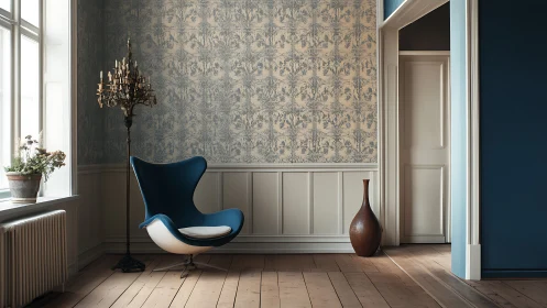 Midcentury lounge chair in patterned wall interior setting.