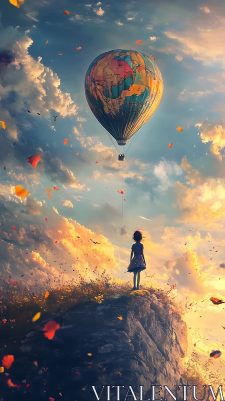 Girl watches painted hot air balloon drift above cliff edge