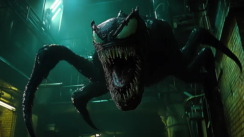 Monstrous symbiote lunges through neon-lit industrial lair