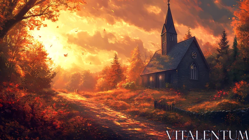 Amber hymn road to a quiet autumn chapel at sundown.