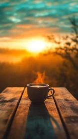 Sunlit coffee cup on rustic table at glowing dawn horizon.