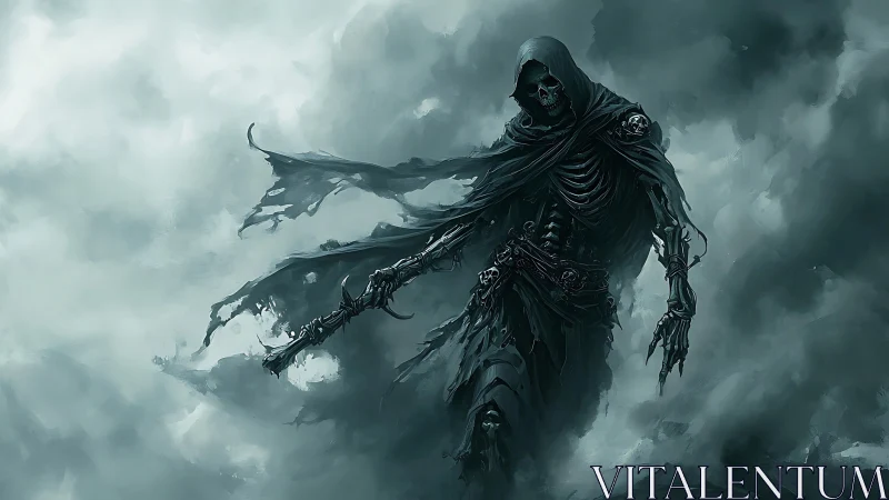 Skeletal reaper strides through stormy mist in monochrome palette