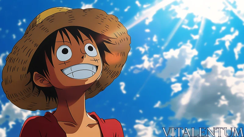 Straw hat anime boy looks upward under bright midday sky