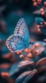 Gentle blue butterfly resting in a dreamy garden glow.