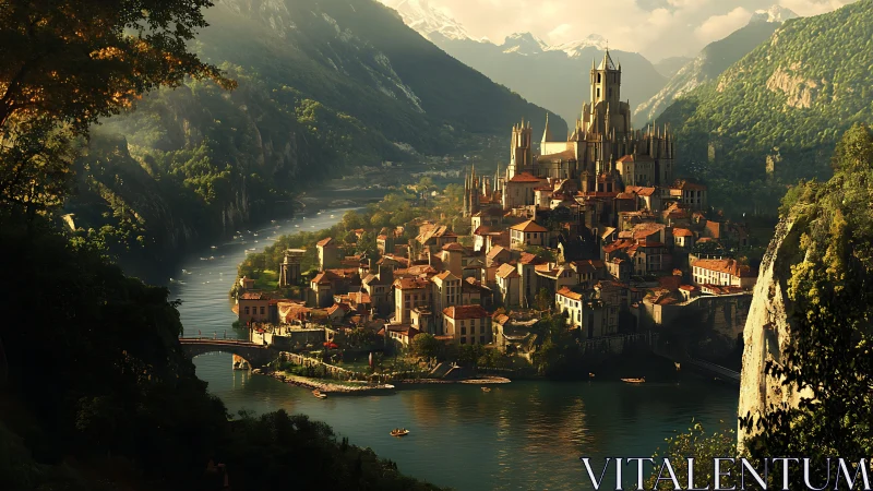 Riverside hill city with central cathedral in mountain basin.