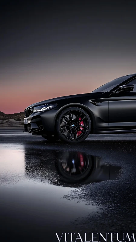 Sleek black sports car glowing softly in the sunset calm.
