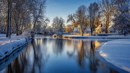 Low-sunlit winter river reflects houses and deciduous treeline