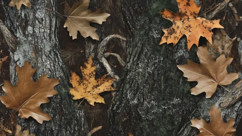 Autumn oak leaves resting on textured bark in high-resolution