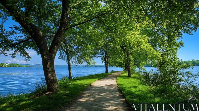 Sunlit lakeside path where emerald trees whisper quietly.