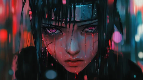 Neon-soaked warrior stares ahead with haunted, glowing eyes