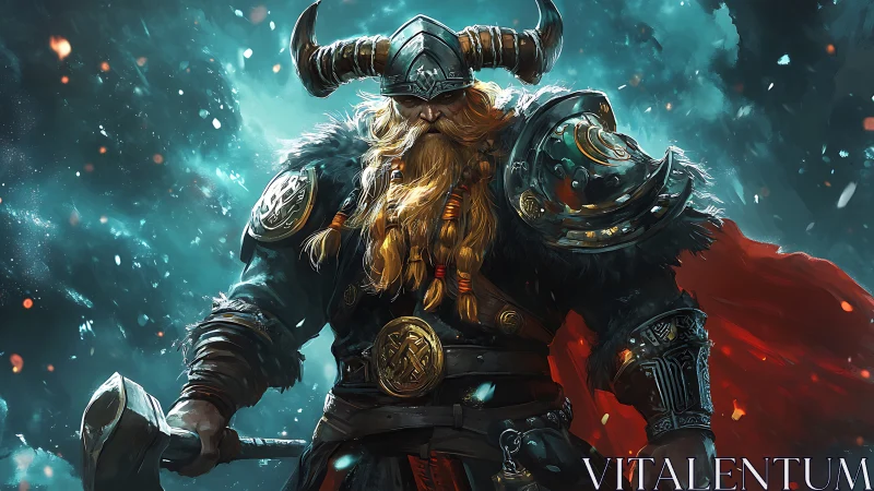 Runic warlord in polar storm with ornate hammer and armor.