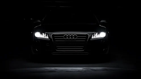 Front view of dark car with illuminated headlights.