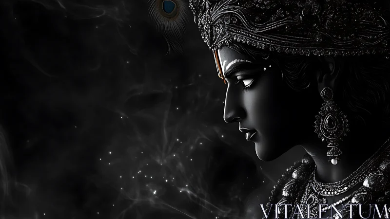 Silent divine profile rests in shimmering cosmic darkness