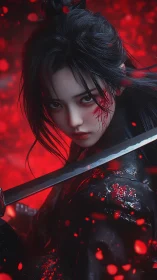 Bloodlit female swordsman with katana and scarred face.