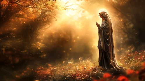 Serene robed figure praying in radiant autumn forest light.