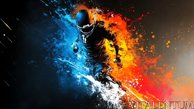Color-splashed football runner racing through fire and ice.