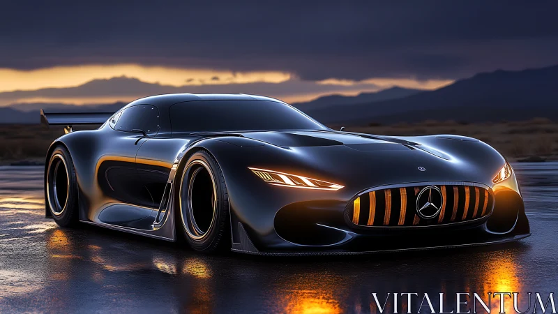 Futuristic Mercedes concept hypercar glows against a dusk horizon
