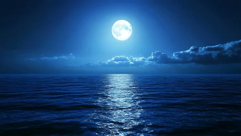 Full moon over calm ocean under deep blue night sky.