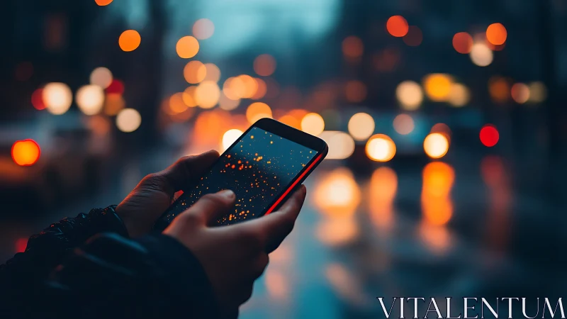 Neon raindrops dance on a smartphone in blurred city dusk.
