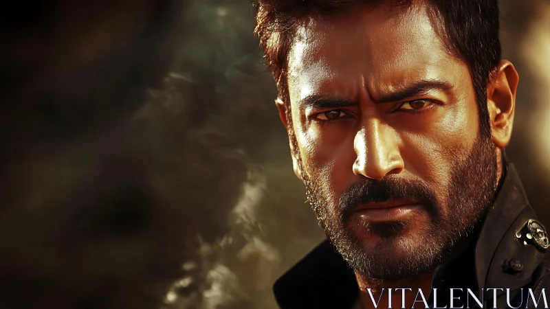 Intense close-up of serious bearded man in dark jacket.