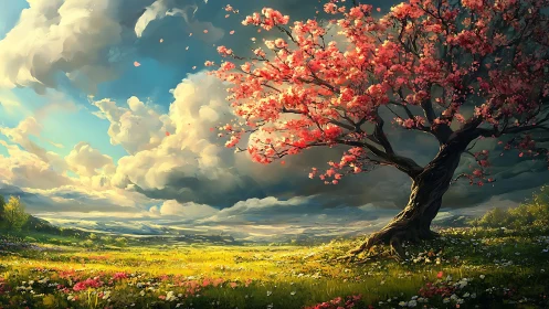 Blossoming tree in open meadow under layered cloud sky.