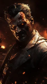 Burned undead man glares through embers with glowing eyes