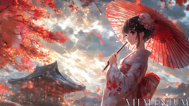 Anime autumn shrine portrait with parasol and dynamic petals.