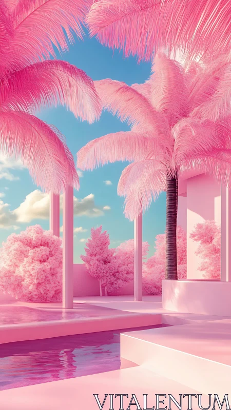 Pink tropical pool terrace with stylized palm trees.
