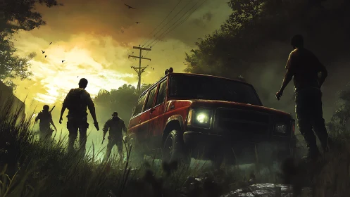 Sunset standoff by the red truck in a haunted forest road.