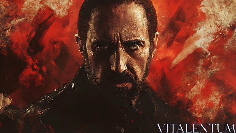 Storm-lit portrait of a determined man in blazing reds.