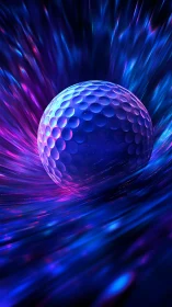 Iridescent dimpled sphere glides through neon energy tunnel