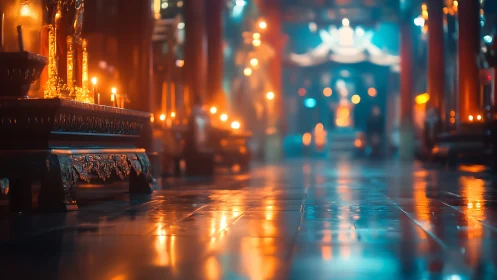 Gilded temple altar glows over slick reflective floor