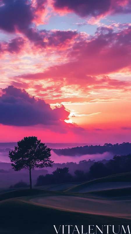 Vibrant magenta sunset over misty golf course landscape.