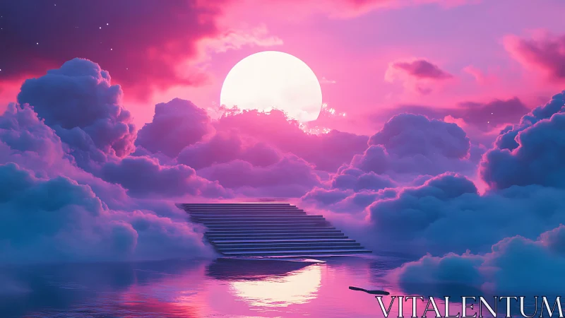 Stairway rises through neon clouds toward glowing full moon