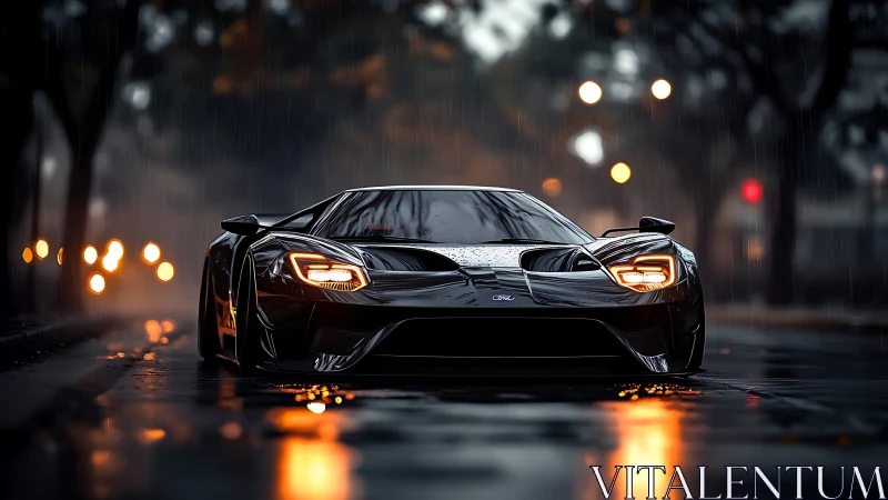 Black Ford supercar on wet city street at night in rain.