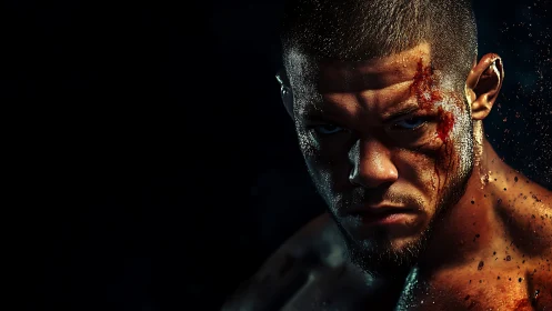 Close-cropped portrait shows injured male fighter in shadow