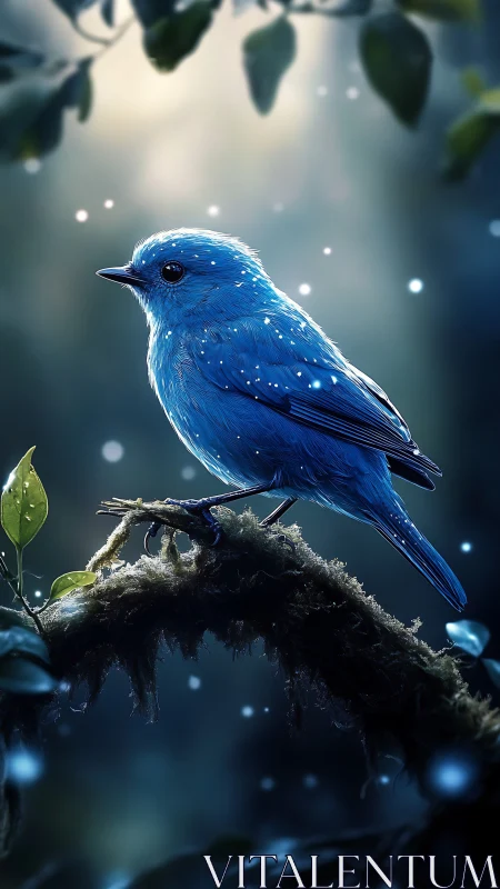Blue songbird is rendered on a mossy branch in dim forest light
