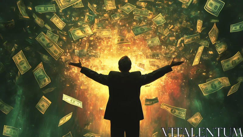 Businessman stands before explosive money vortex of wealth